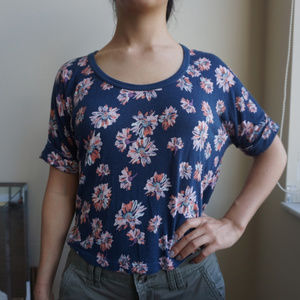 American Rag Cie Navy Floral Semi-Crop Top